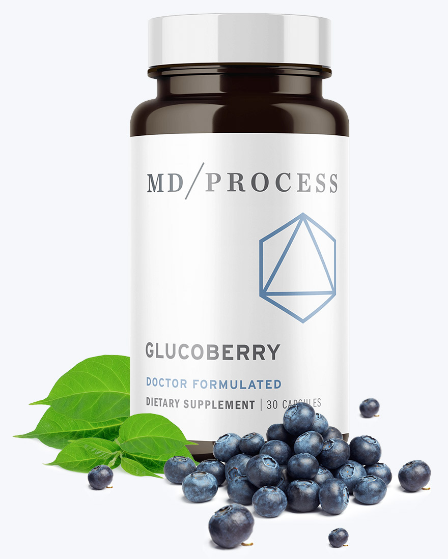 Official GlucoBerry bottle with maqui berries and leaves