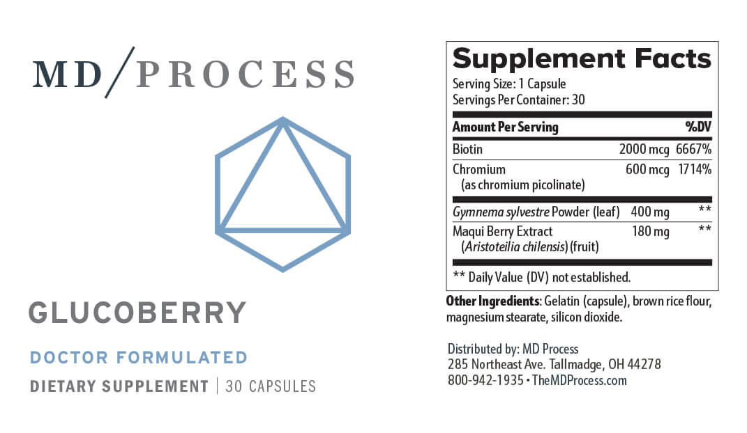 GlucoBerry supplement facts label showing Biotin Chromium Gymnema and Maqui Berry Extract